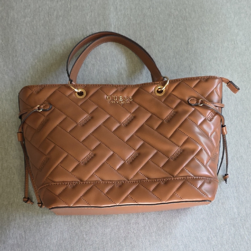 GUESS Brown Quilted Top-Handle Tote with Gold Hardware